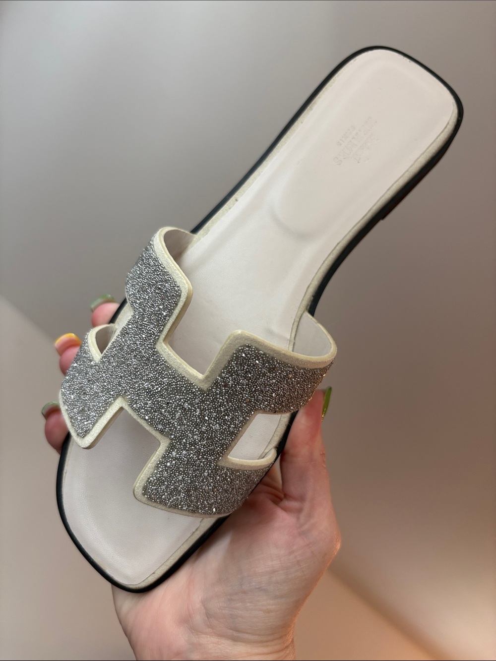 Silver Glitter Oran H Slide Sandals Size 42